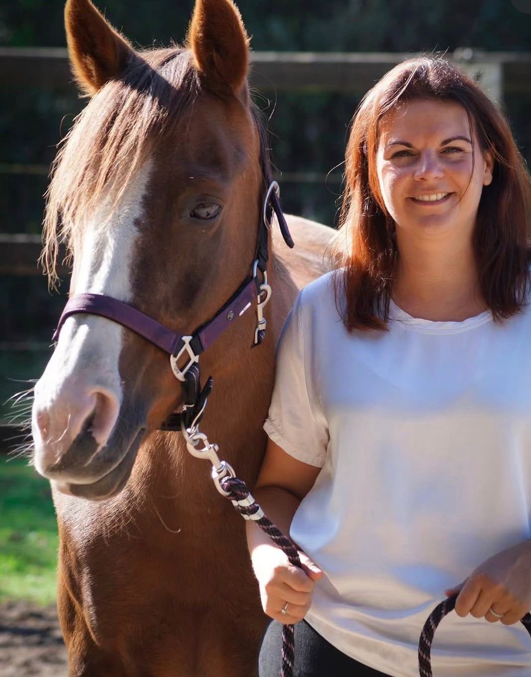 Replay, een bruine pony met paars halster, naast Milou in de buitenbak