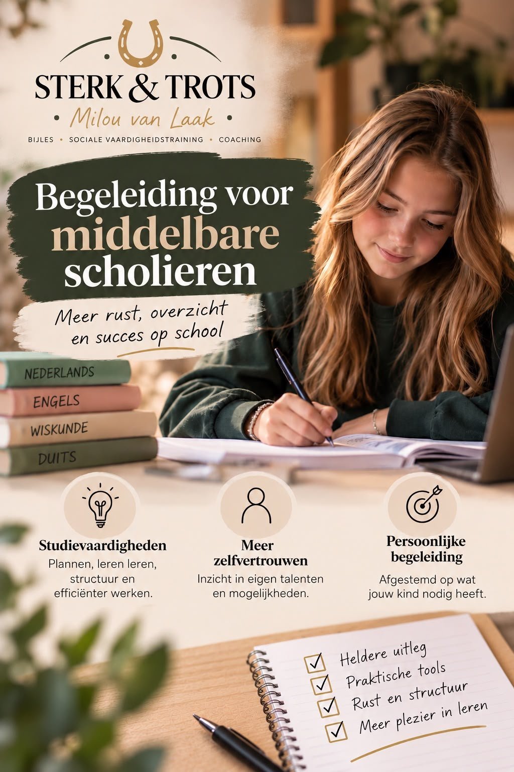 Student studying at desk with textbooks, promotional flyer for Sterk & Trots tutoring program in Dutch with subject guides