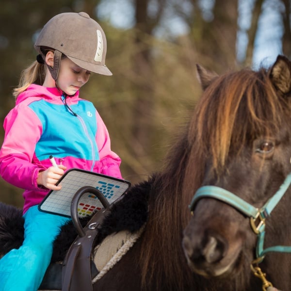 Young girl wearing a helmet and colorful jacket mounted on a brown horse outdoors
